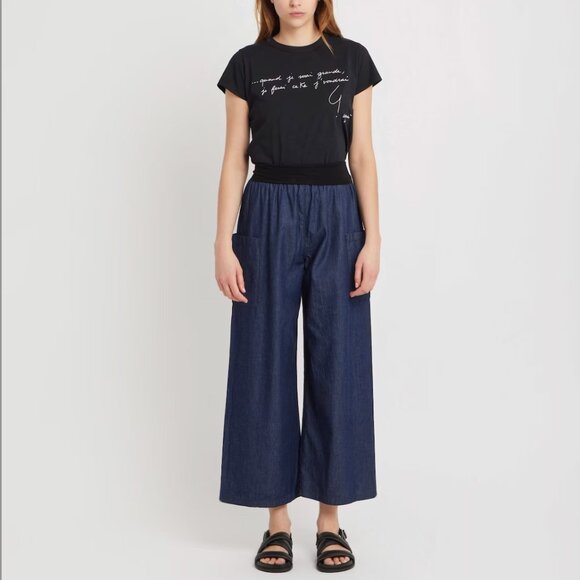 agnes b Blue Matis Cotton Denim Cropped Pants Chambray Wide Leg Pockets